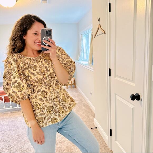 RHODE Cream Yellow Floral Puff Sleeve Blouse Medium - Picture 1 of 11